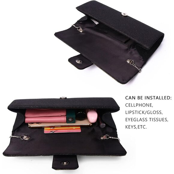 Womens Black Crystal Sparkly Evening Clutch Purse with Rhinestones Wedding - Picture 6 of 6